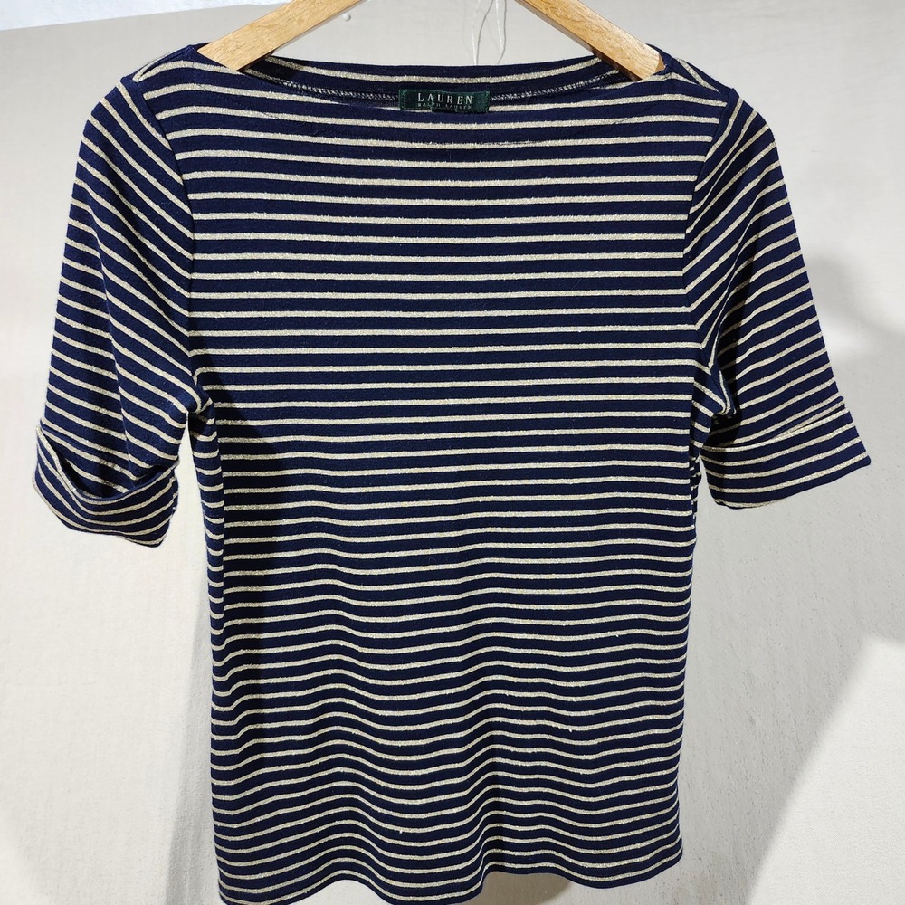 LAUREN Ralph Lauren Women's M Striped Metallic Gold‎ & Navy Boatneck TShirt Top
